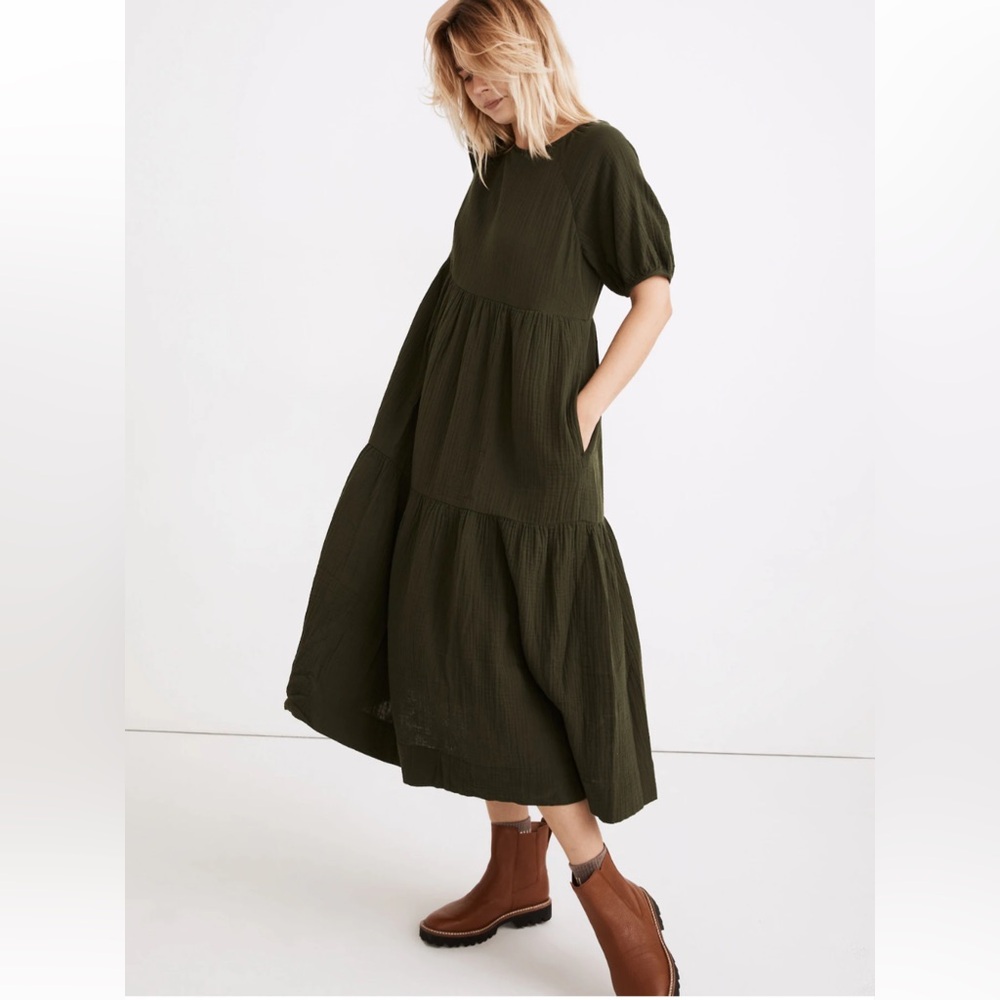 Madewell Tiered Forest Green Dress with Pockets